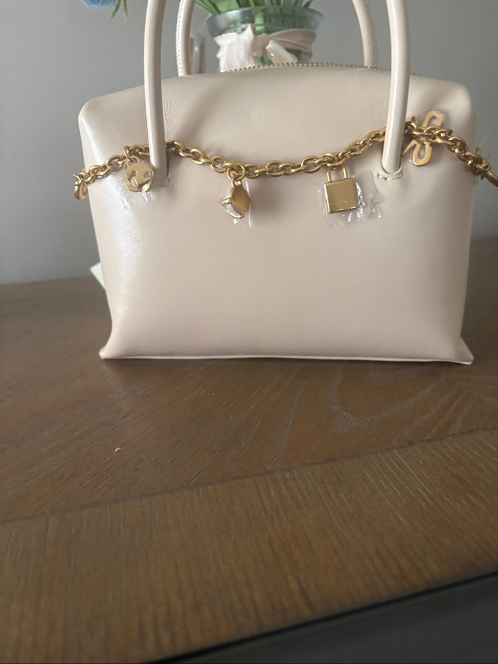 Ted Baker Cream Top-Handle Satchel with Gold Charm Chain